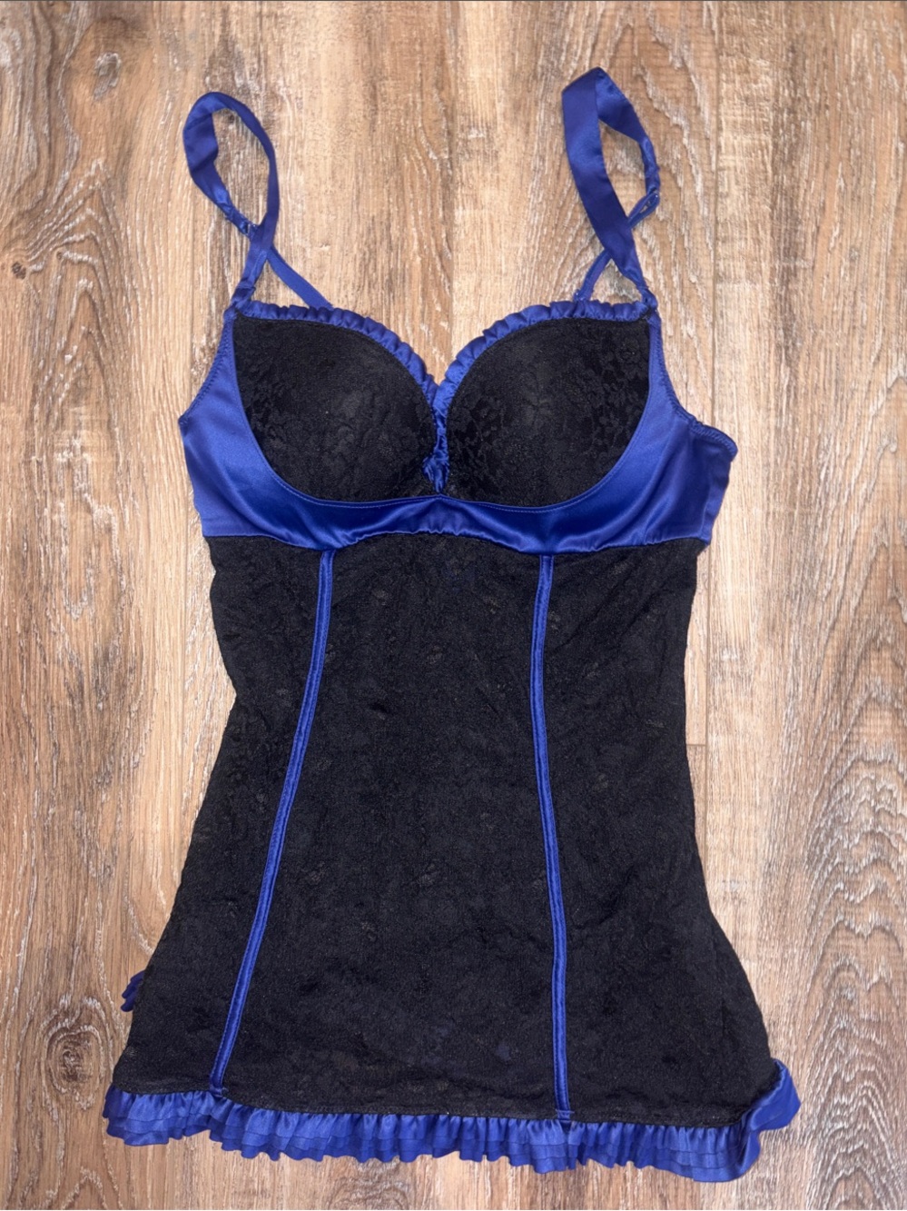 La SENZA Black Lace Chemise with Royal Blue Satin Trim